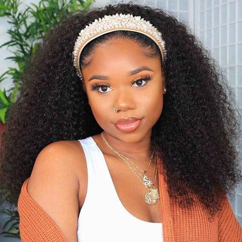 Smoothair Headband Wig Human Hair Kinky Curly Headband Wigs for Black Women Human Hair Wigs Glueless 22 Inch None Lace Front Wigs 150% Density (No Mixed)