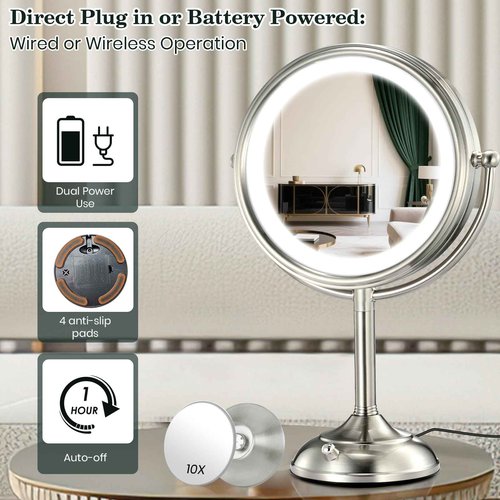 VESAUR 11.8" Extra Large 17" Tall Lighted Makeup Mirror, 1X/5X/10X 3-Sided Magnifying Mirror with 96 LEDs, 3 Color Dimmable Lights, 360° Swivel Dual Power Vanity Mirror, Nickel Finish - Great Gift