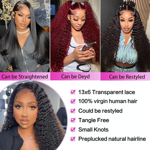 QVFWIG 18 Inch Deep Wave Lace Front Wigs Human Hair 13x6 HD Transparent Deep Curly Lace Frontal Wigs Human Hair Glueless Wig pre Plucked 200% Density Natural Color