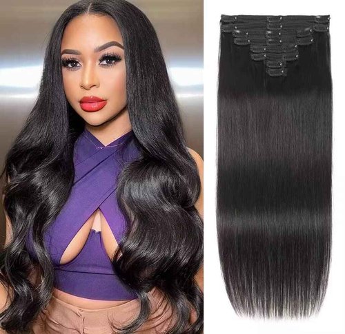 Amethyst Clip in Hair Extensions Real Human Hair for Black Women 120g 100% Unprocessed Brazilian Virgin Hair 20 Inch Natural Black Straight Remy Human Hair Extensions 8 Pcs Per Set with 18 Clips