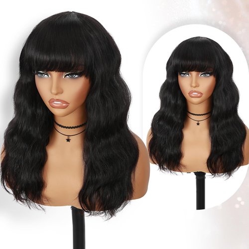 Fancy Hair Natural Wavy Human Hair Wig with Bangs NO Lace Glueless Body Wave Brazilian Virgin Hair Wigs with Bangs for Black Women Natural Black 16 Inch