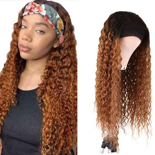 1B30 Deep Wave Headband Wig Ombre Brown Human Hair Headband Wig 130% Density Grade 8A Brazilian Remy Hair Machine Made Wigs Dark Brown Color 22 Inch