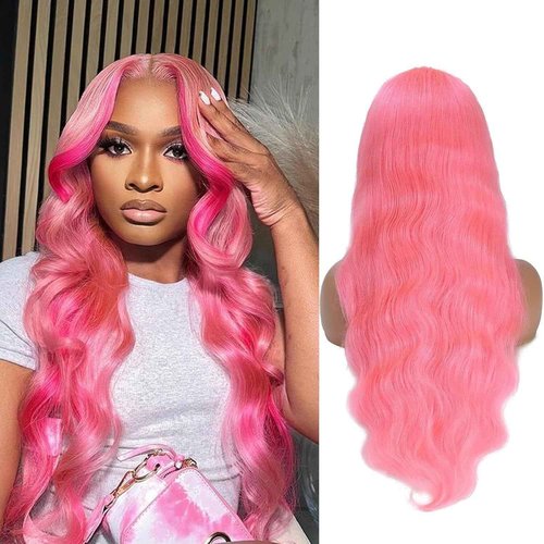 BUGUQI Pink Lace Front Wigs Human hair Pink Wigs Human Hair Body Curly Human Hair Wig For Women Body Wave Lace Frontal Wigs Human Hair 200% Density HD Transparent Pre Plucked
