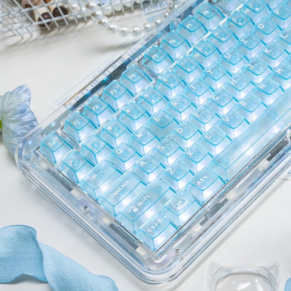 136 Keys Blue Clear Keycaps Cherry Profile Transparent Keycaps Set Fit for 61/64/87/104/108 Cherry Mx Switches Mechanical Keyboard