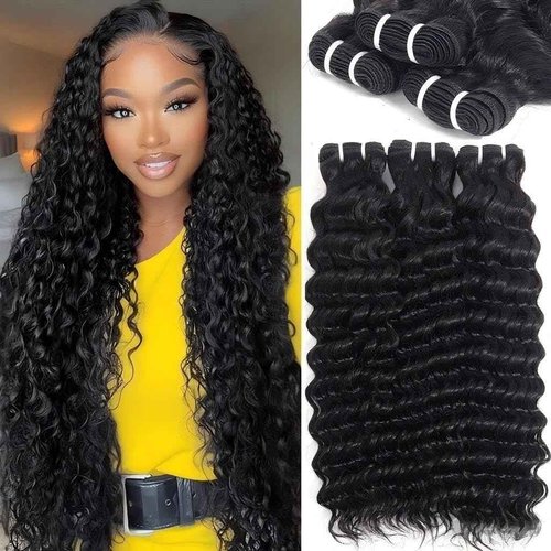 Deep Wave Human Hair Bundles 18 20 22 Inch Curly Human Hair 3 Bundles 100% Unprocessed Brazilian Virgin Deep Curly Bundles For Black Women Quick Weave Wet And Wavy Natural Black