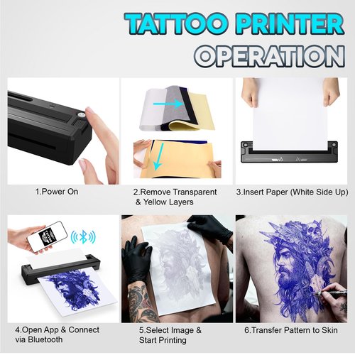 YIRIGUI New Tattoo Stencil Printer - Fits A4-A8 Width Thermal Paper, Portable Wireless Bluetooth Thermal Tattoo Kit, Includes 10 Transfer Papers, for Artists & Beginners, Phones/Tablets/PC - Black