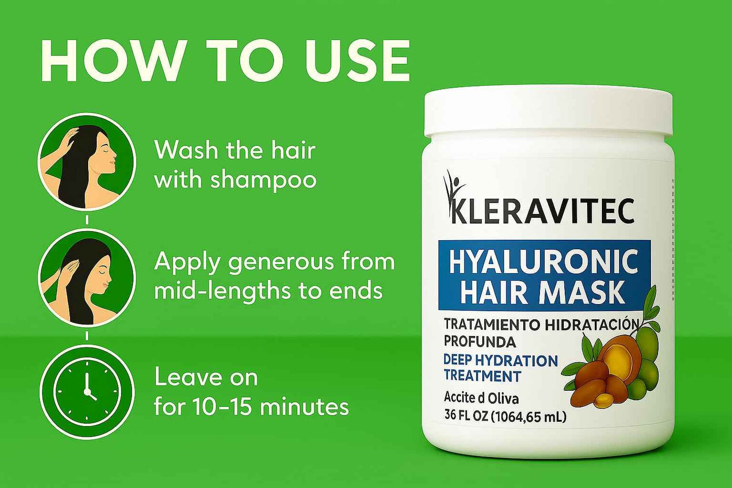 Kleravitex Hyaluronic Hair Mask Formulated With a Rich Blend of Olive Oil and Jojoba Oil to Provide Intense and Lasting Hydration for Dry or Damaged Hair, Restore Vitality and Shine (60 OZ)