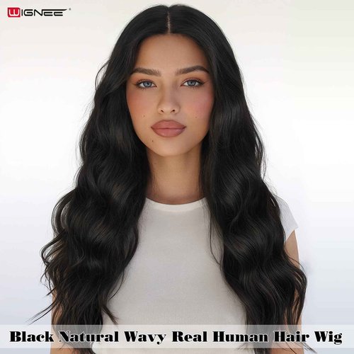 WIGNEE Natural Wavy Real Human Hair Wig 4x1 Lace Part Wigs Unprocessed 10A Grade Brazilian Virgin Hair Wig 18 Inch Black Middle Part Wigs for Women Human Hair Glueless Wear and Go
