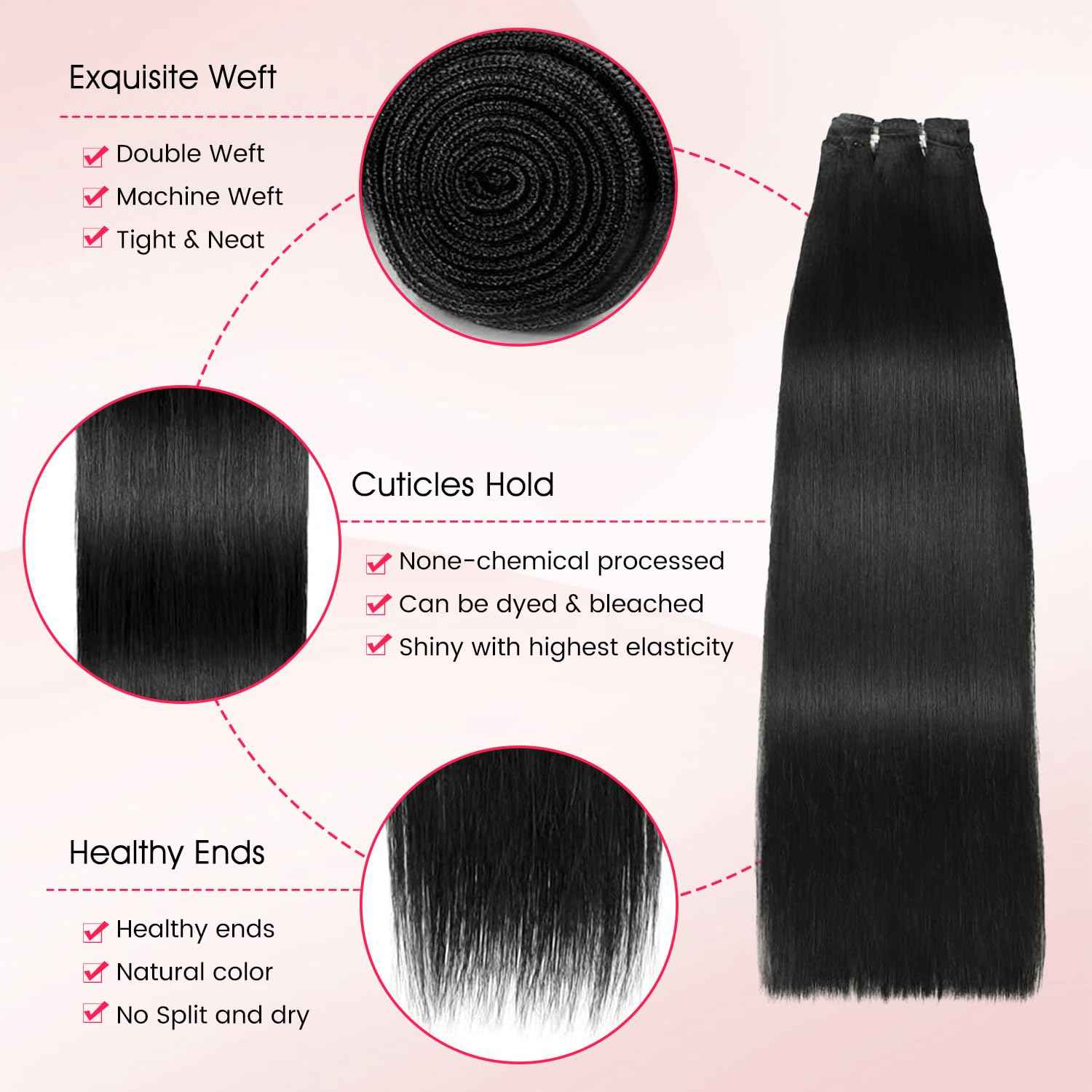 Human Hair Bundles,Straight 4 Bundles 12 12 12 12 Inch,16A Bundles Human Hair,100% Unprocessed Virgin Brazilian Hair Extensions Double Weft, Quick Weave Sew In Hair Bundle