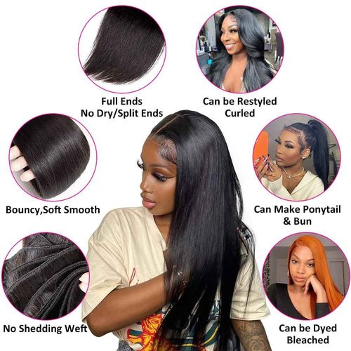 Subella Brazilian Straight Hair 3 Bundles with Closure Grade 10A Unprocessed Brazilian Virgin Human Hair Bundles with Closure Natural Black Color (18 20 22+16 Free Part)