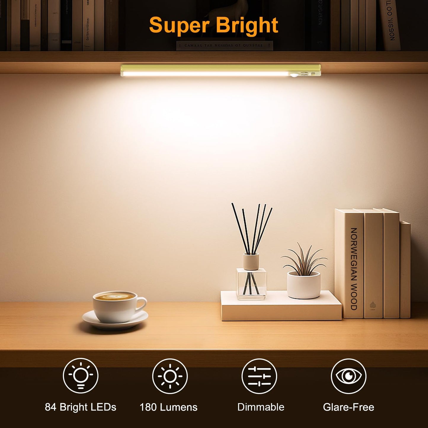 Gritin 10.2inch Under Cabinet Lighting Rechargeable -84 LED Super Bright,3-Color& 5 Level Brightness,4 Modes,Motion Sensor, Long Lasting- Easy Installation Magnetic Closet Lights -2 Pack-Gold