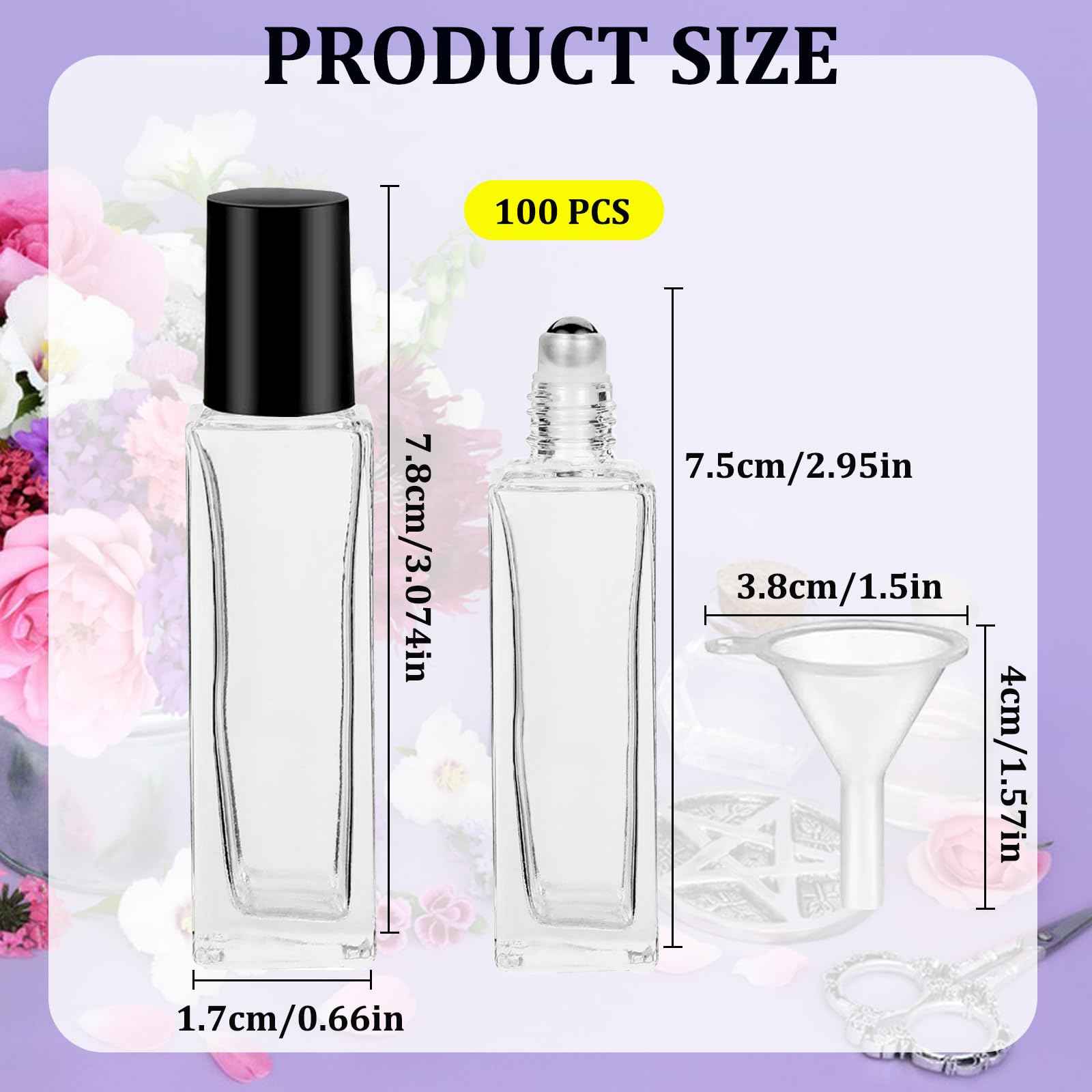 Hzmssore 100 Pcs 10 ml Roller Bottles for Essential Oils, Square Thick Empty Glass Roller Bottles with Stainless Steel Roller Balls Protection Leakproof with 5 Funnel for Travel, Black