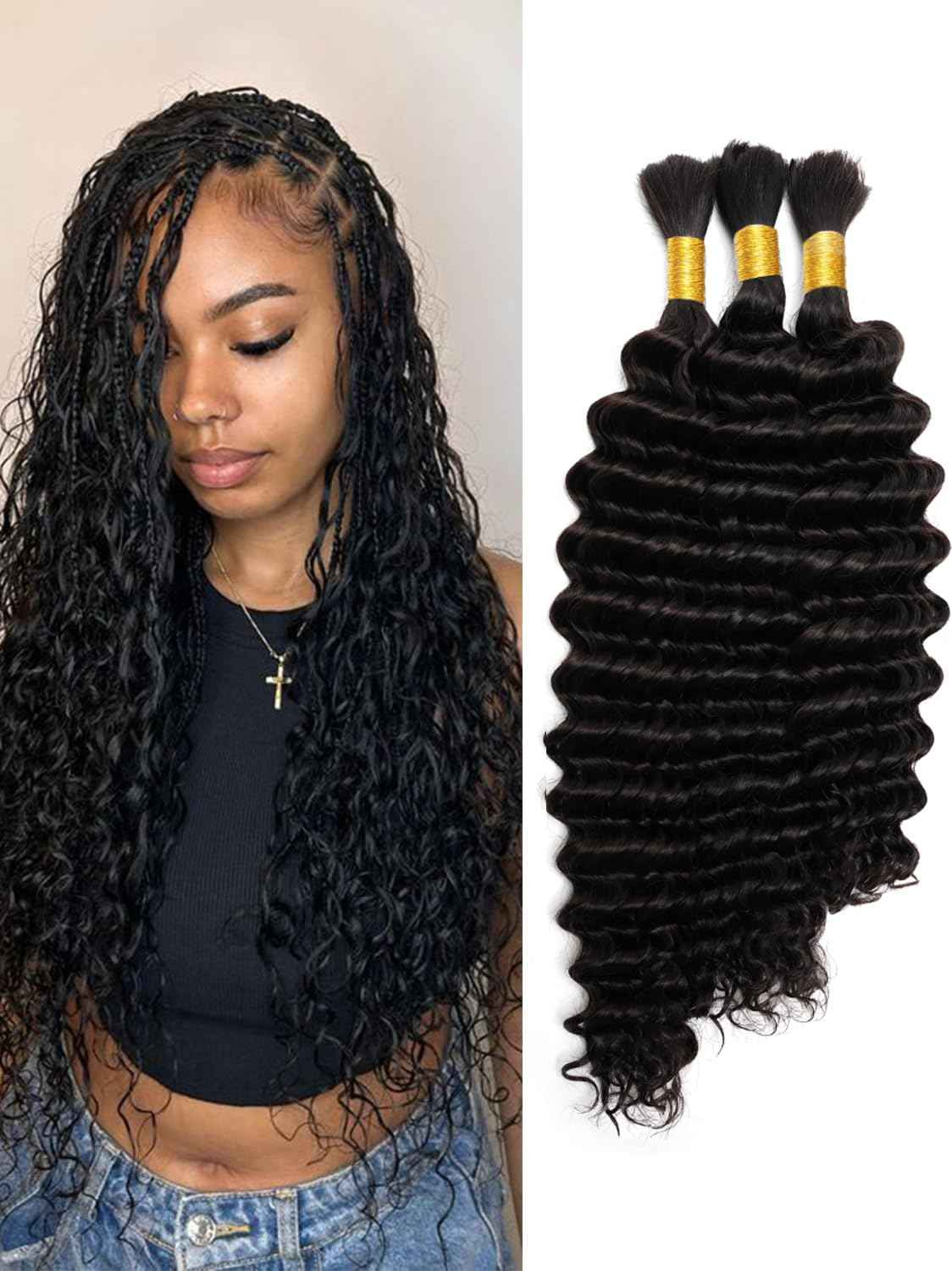Human Braiding Hair 3 Bundles/Pack 300g 16 18 20 inch Deep Wave Curly Bulk 100% Human Hair for Braiding No Weft 10A Brazilian Virgin Human Hair Extensions for Boho Braids Natural Black Wet and Wavy