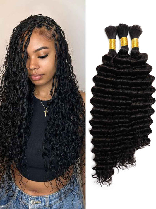 Human Braiding Hair 3 Bundles/Pack 300g 16 18 20 inch Deep Wave Curly Bulk 100% Human Hair for Braiding No Weft 10A Brazilian Virgin Human Hair Extensions for Boho Braids Natural Black Wet and Wavy