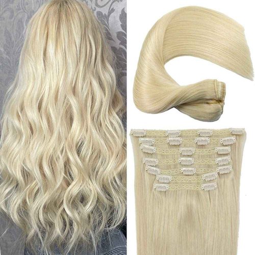 Eufficco Real Human Hair Lace Clip In Hair Extensions Thick Ends 20inch 120g Color Bleach Blonde #60 Remy Hair Extensions