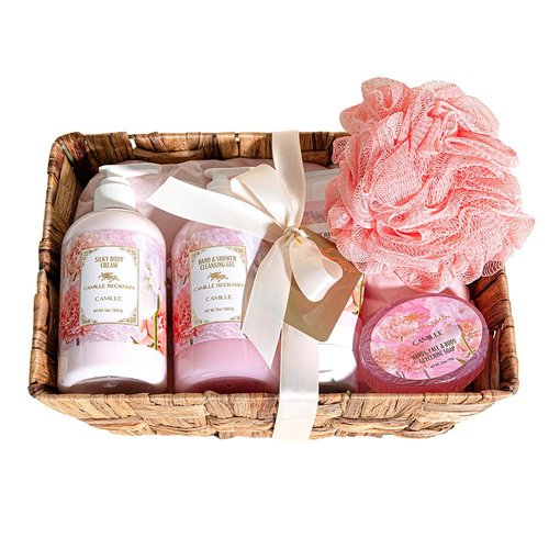 Camille Beckman Essentials Gift Basket, Camille, Glycerine Hand Therapy 6 oz, Silky Body Cream 13 oz, Hand and Shower Cleansing Gel 13 oz, Glycerine Soap 3.5 oz, Bath Body Net, and Gift Basket
