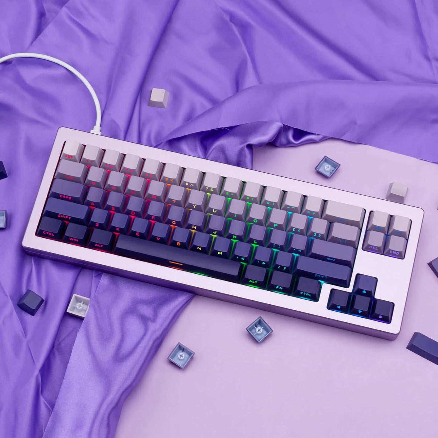 136 Keys Gradient Grey Shine Through Keycaps, Custom Double Shot PBT Keycaps, Side Print Cherry Profile Keycap Set for 61/64/68/84/87/96/98/100/104/108 ANSI/ISO Layout Mechanical Keyboard