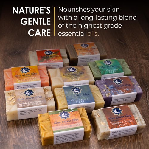 Blue Moon Elise All Natural Soap Bars Variety 10-Pack, Made with Organic Ingredients, Handmade in the USA, Moisturizing and Therapeutic for Face & Body, Sensitive Skin, Men & Women