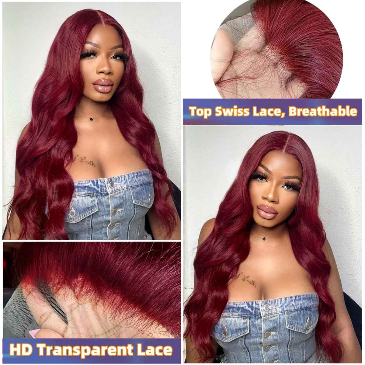 22 Inch 99J Burgundy Lace Front Wigs Human Hair 13x4 200% Density Body Wave Lace Front Wigs Human Hair Pre Plucked 99j Burgundy Red Wine Glueless Human Hair Wigs for Women