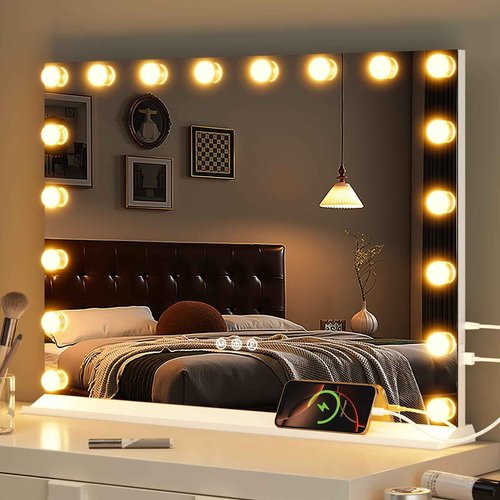 Memobarco Vanity Mirror with Lights, Makeup Mirror with USB/Type-C Charging, Large Hollywood Mirrors w/ 18 LED Bulbs & 5X Magnifier, LED Mirrors for Bedroom Tabletop & Wall Mounted