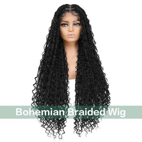 Humistwbiu Boho Box Braid Knotless Goddess Locs Wigs with Curly Ends Double Full Lace Square Synthetic Braided Wigs with Baby Hair for Woman Natural Black 36 Inch
