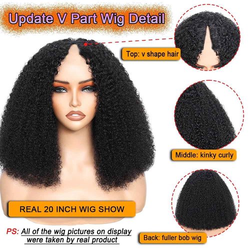 RAGMZZE V Part Wig Human Hair Kinky Curly Natural Black 16 Inch | Curly Human Hair Wig Upgrade U Part Human Hair Wigs for Black Women Glueless Wig Wear and Go 180 Density