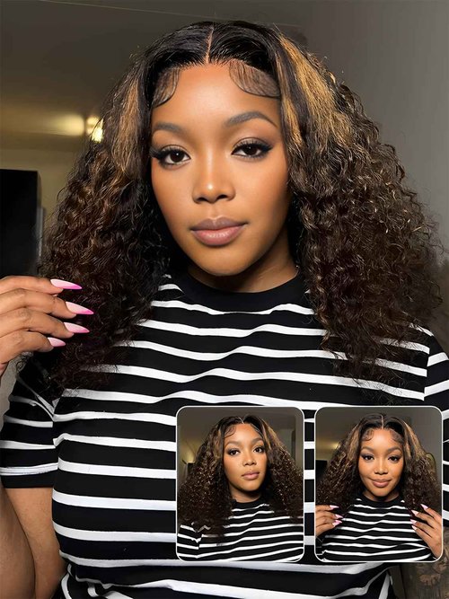 ISEE Hair Highlight Glueless Bob Wigs Human Hair Pre Plucked Pre Cut 2/30 Honey Blonde Curly Human Hair Wig for Black Women Ombre Water Wave 5x7 HD Lace Closure Wigs with Elastic Band 10 Inch