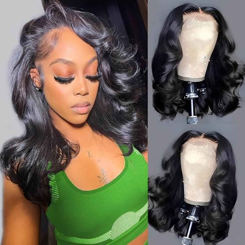 Bob Wig Human Hair Glueless Wigs Human Hair Pre Plucked Pre Cut Body Wave 5x5 Lace Closure Wigs 180 Density 100% Brazilian Virgin Hair Short Wigs for Black Women (16 inch)