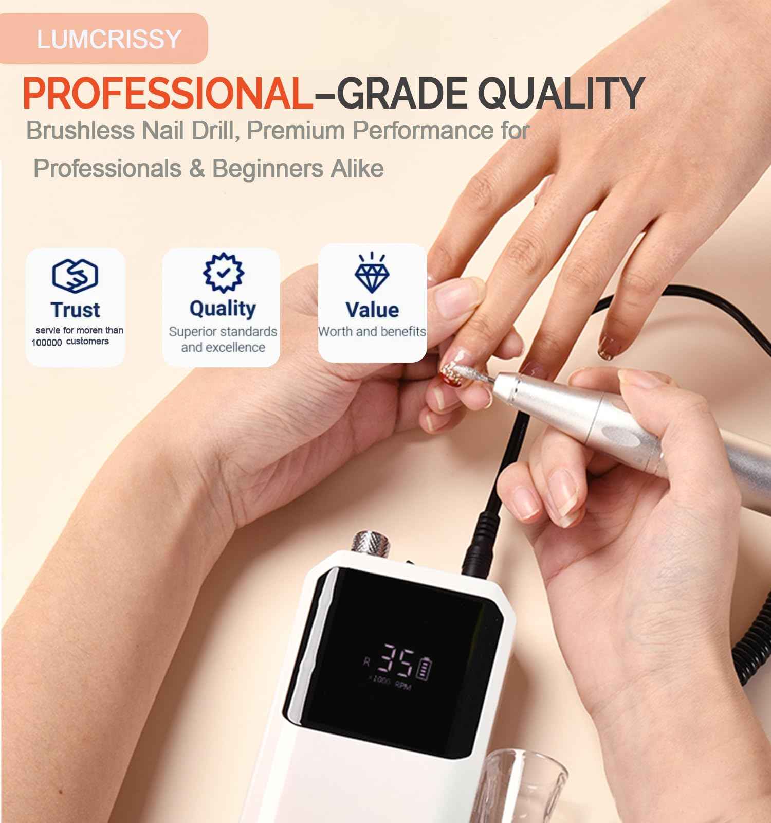 Lumcrissy Professional Nail Drill Machine - Cordless Brushless Motor Nail File, 45000 RPM 2*3500mAh Portable Efile for Acrylic Gel Nails with 6 Bits & ETL-Certified USB Charger for Salon & Home