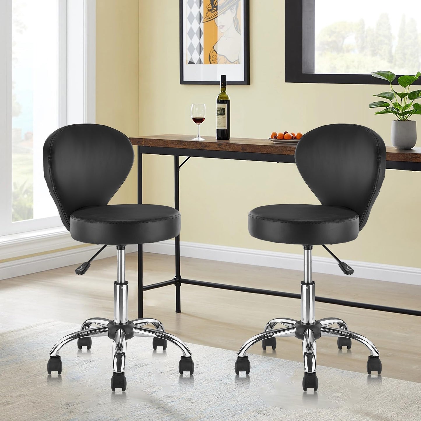 KLASIKA Leather Rolling Swivel Salon Stool Chair with Back Support Adjustable Hydraulic Seat Height 22 in for Office Massage Facial Spa Medical Drafting Tattoo Beauty Barber