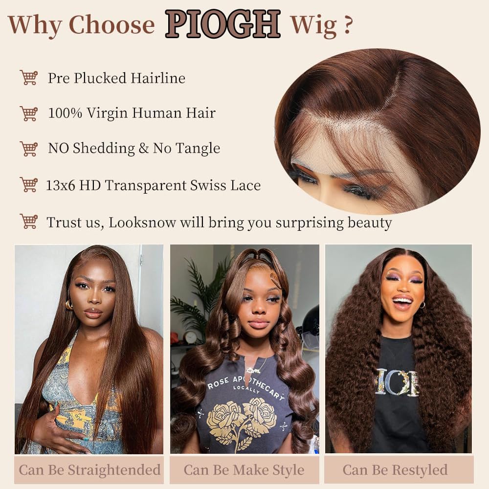 PIOGH 30 Inch Chocolate Brown Lace Front Wig Human Hair 13X6 Body Wave Lace Front Wigs Human Hair Pre Plucked 180 Density Colored Glueless 13X6 HD Lace Frontal Brown Wig Human Hair for Women