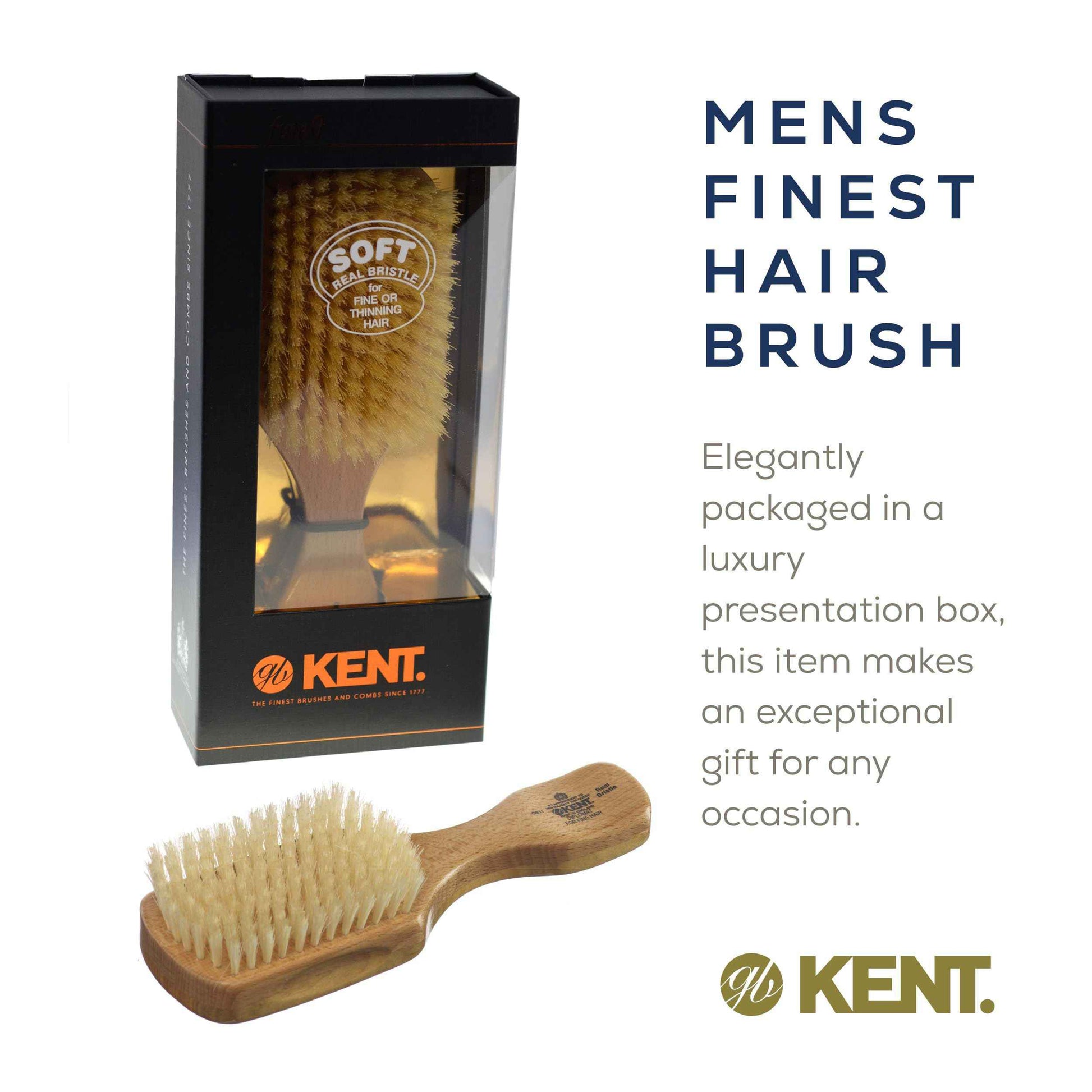 Kent OS11 Satinwood Military Club Hair Brush & Beard Brush – Soft White Boar Bristles for Fine or Thinning Hair, Recommended for Sensitive Scalp and Hair Loss, Men's Grooming, and Beard Care