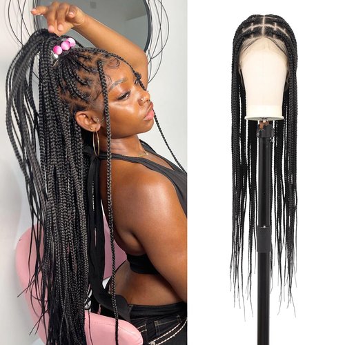 Fecihor 360° HD Full Lace Knotless Braided Wigs for Women Box Braid Wig with Baby Hair Human Hair Blended Natural Looking Black Braided Lace Front Wigs 36 Inch