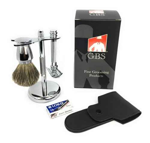 G.B.S Men's Premium Shaving Gift Set, Long Barber Pole Razor and Pure Badger Brush Stand, Double Edge Razor Leather Case and Blades