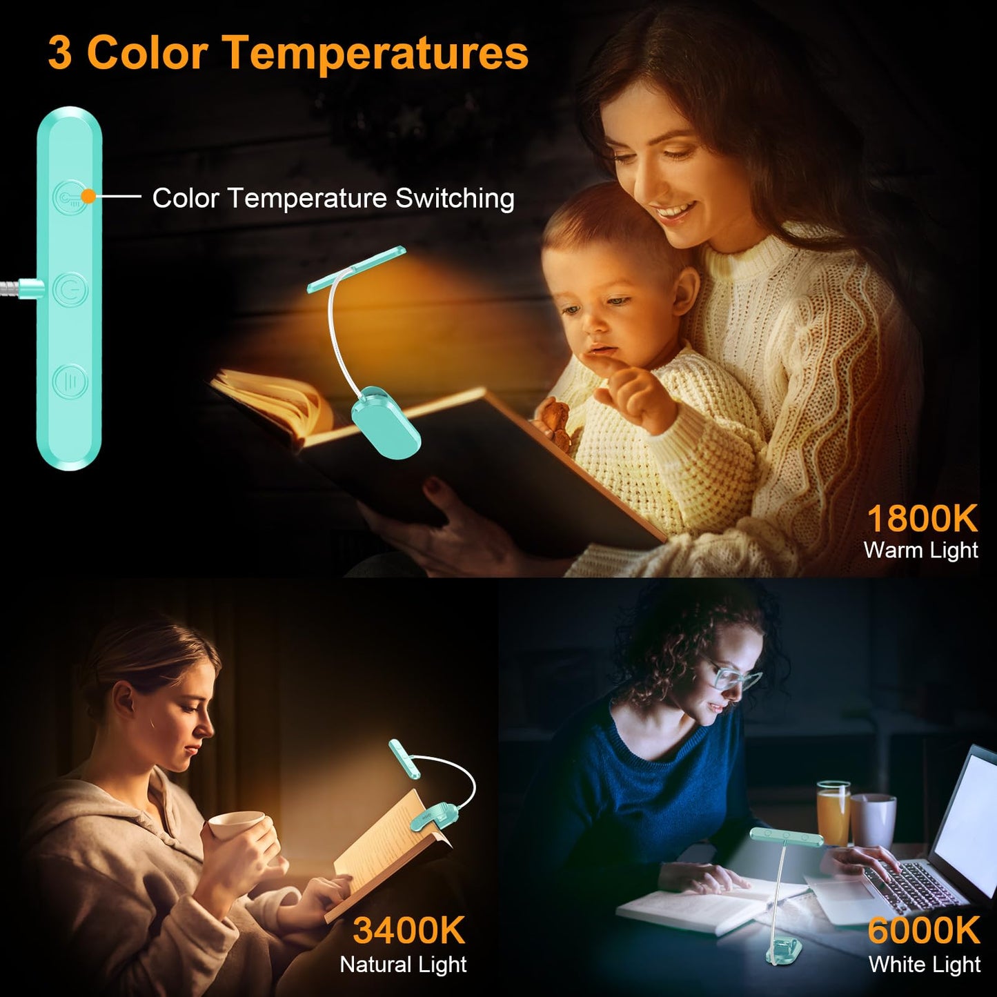 Gritin Rechargeable Book Light for Reading in Bed with 19 LED &Memory Function-Eye Caring 3 Color Temperatures,5 Brightness Levels,80 Hrs Runtime Flexible Goose Neck Clip on Light-Blue