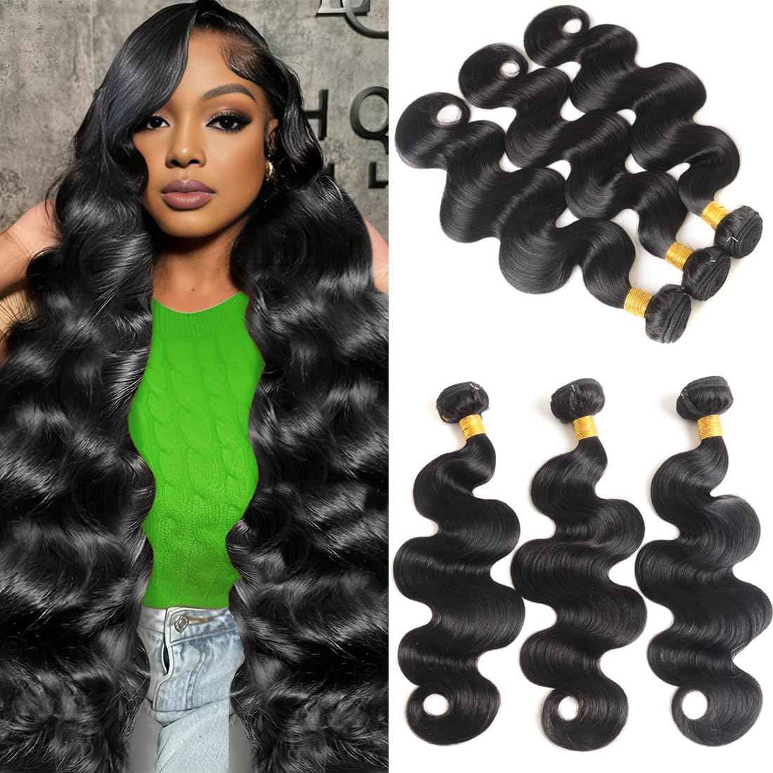 Human Hair Bundles 20 22 24 Inch Body Wave Bundles Human Hair 100% Unprocessed Brazilian Virgin Hair Quick Weave Real Human Hair Extensions Natural Black