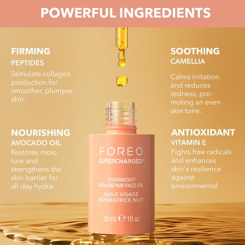 FOREO SUPERCHARGED Overnight Skin Repair Face Oil - Organic Vitamin E Oil with Avocado & Camellia Oil - Nourishing Facial Oil for Radiant, Smooth Skin - Vegan & Cruelty-Free - 1 fl. Oz
