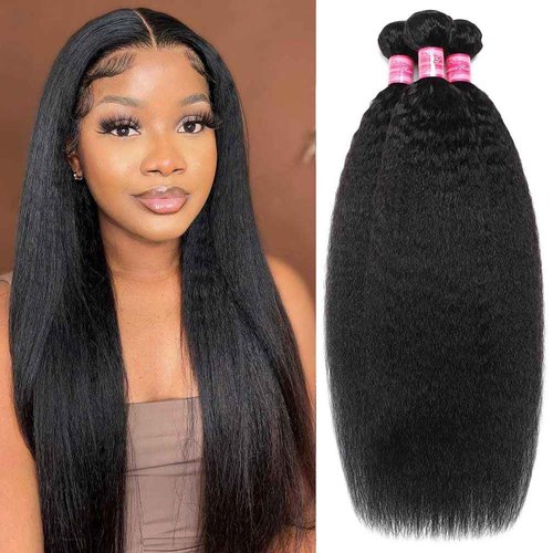 Borchan Kinky Straight Bundles Human Hair 3 Bundles 14 16 18 Inches 100% Unprocessed Brazilian Yaki Straight Hair Bundles Virgin Remy Kinky Curly Bundles for Black Women