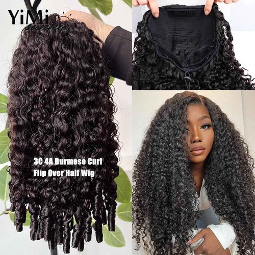 Half Human Hair Wig for Women - 18 Inch Burmese Spirally Curly Glueless Clip-In Wig, 200% Density, No Glue No Sew, Natural Black Color, No Leave Out V Shape Wigs,Heat Resistant & Easy Install