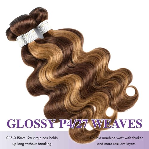 AUROO 12A Honey Blonde Highlight Human Hair Bundles With 2x6 HD Closure Body Wave,100% Virgin P4/27 Ombre Brown Weaves 3 Bundles with Kim K Long Deep Part 2x6 Lace Closure Pre Plucked Remy 10 12 14+10