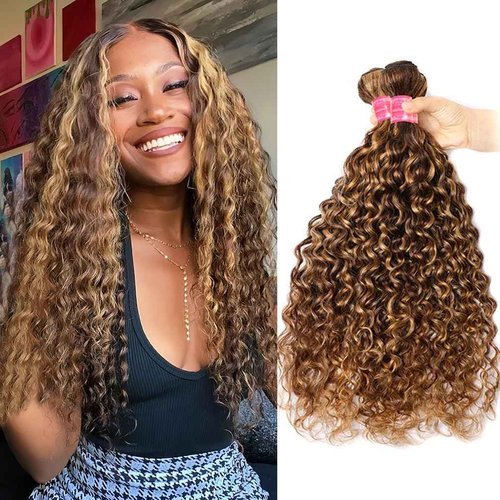 Borchan 4/27 Water Wave Human Hair Bundles Highlight Blonde Bundles Brazilian Virgin Hair 14 16 18 Inches 100% Unprocessed Human Hair Weft Ombre Honey Blonde Quick Weave for Women