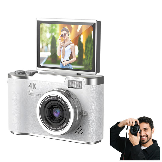 4K Foldable Screen Student Camera, Point and Shoot Digital Cameras with 32GB TF Card, Portable Camera FHD 48MP 4K Digital Camera with 8X Zoom Anti-Shake with Flip Screen (White, Camera Body Only)