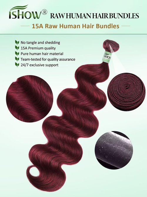 ISHOW Raw Human Hair Bundles, 100% Unprocessed Virgin Human Hair, 15A Body Wave Premium Quality Bundles Producer, 14 Inch Single Bundle, Long Lasting, Red Burgundy Color 99J