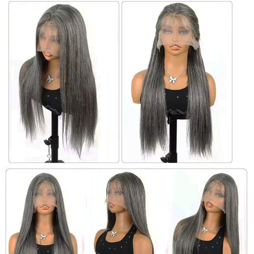 Salt and Pepper Gray Wigs Human Hair for Black Women Soft Straight 13x4 HD Lace Frontal Wig Dark Hair with White Highlighted Wigs Salt & Pepper Wig Human Hair 180% Density Pre Plucked 26 Inch