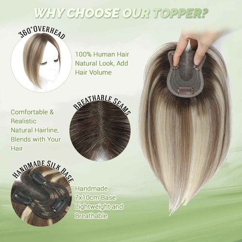 BUTYWAY Hair Toppers for Women Real Human Hair 10Inch Human Hair Topper 7x10CM Swiss Base Middle Part Clip in Topper Hairr Pieces for Women Ombre Light Brown with Blond