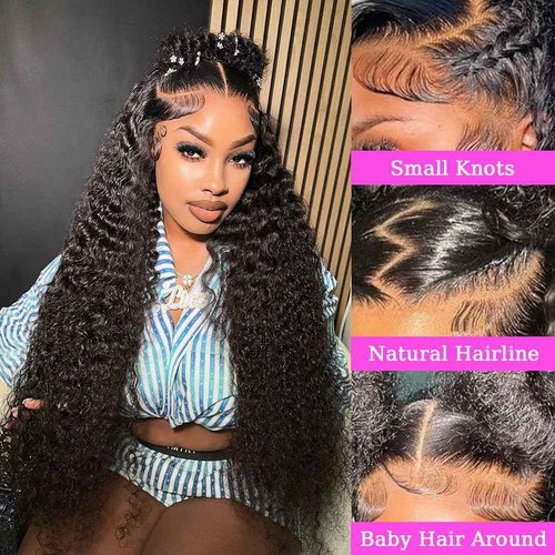 PXCPXC Deep Wave Frontal Wigs 180 Density 13x6 HD Lace Front Wigs Human Hair Pre Plucked with Baby Hair Transparent Glueless Brazilian Deep Wave Frontal Wigs for Women Natural Black Color(26inch)