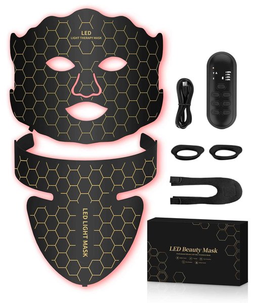 Yahi Red Light Photon Facial & Neck MASK with Remote Control, 7 Custom Modes with Infrared, Portable & Rechargeable with Timer for Home Use,175 High-Density Light Beads, Black