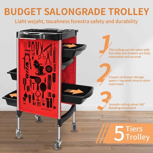 RED by Salon Trolley Cart, Multifunction 5 Drawer Hair Stylist Salon Station Rolling Cart Professional Hairdresser Hair Dye Storage Beauty Barber Moveable Station