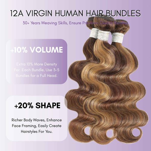 AUROO #P4/27 Honey Blonde Highlighted Body Wave Bundles Human Hair, 12A 100% Virgin Ombre Brown Brazilian Wavy Weaves Thick Track 3 Balayage Colored Human Hair Bundles Sew In Soft Remy 12 14 16 Inch