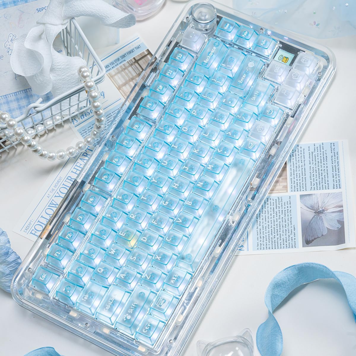 136 Keys Blue Clear Keycaps Cherry Profile Transparent Keycaps Set Fit for 61/64/87/104/108 Cherry Mx Switches Mechanical Keyboard